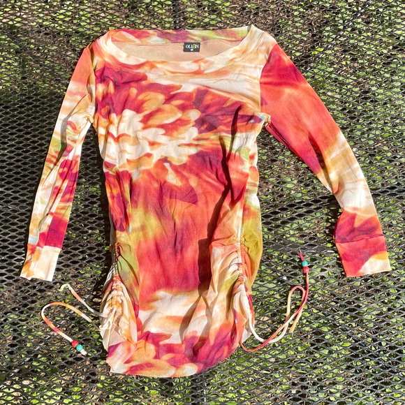 Y2k sheer top women’s size medium orange floral netted shirt 2000s 90s - Picture 1 of 4
